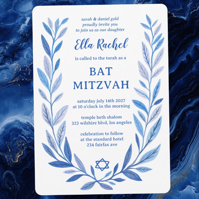 Invitación Estrella de la acuarela botánica de David Bar Bat  (Botanical Watercolor Star of David Bar Bat Mitzvah Invitation
)