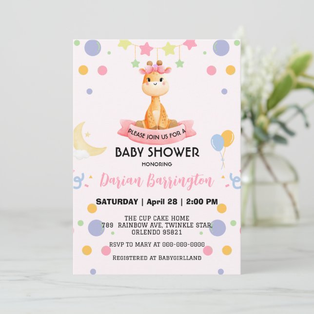 Invitación Estrella de la jirafa de globo de bebé ducha fiest (Anverso de pie)