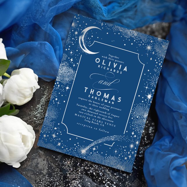 Invitación Estrella de la noche del estreno de la luna estrel (Silver and Navy Blue Celestial Wedding Invitations)