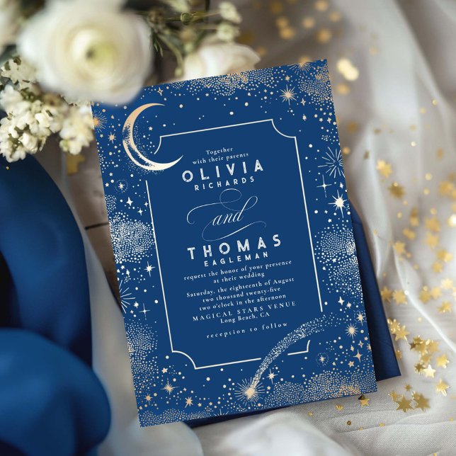 Invitación Estrella de la noche del estreno de la luna estrel (Celestial Wedding Invitation Navy Blue and Gold Stars)