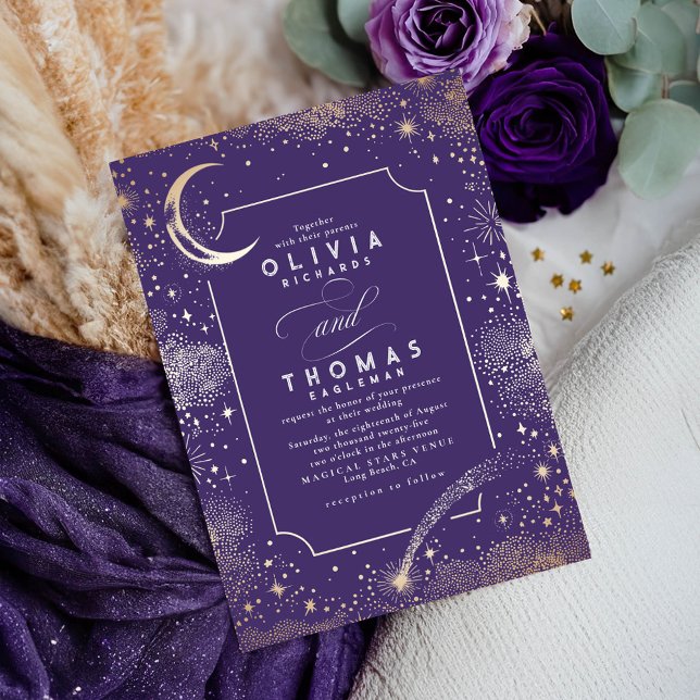 Invitación Estrella de la noche del estreno de la luna estrel (Celestial Purple Wedding Invitation)