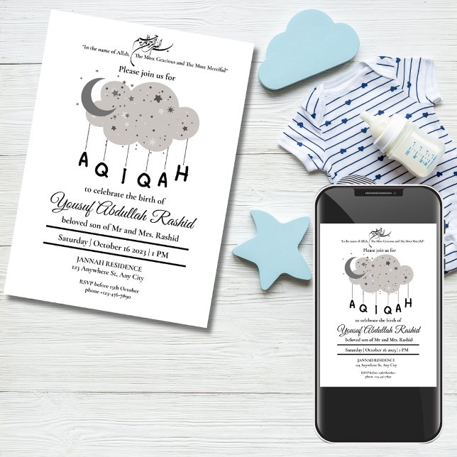 Invitación Estrella de la nube gris de la luna niño niño musu (Gray Moon Cloud Star Baby Boy Muslim Aqiqah Aqeeqa Invitation)