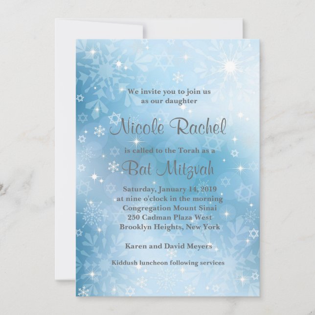 Invitación Estrella de los copos de nieve de David Bat Mitzva (Anverso)