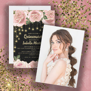 Invitación Estrella de luz rosa de cuerda dorada negra Quince