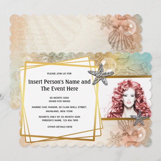 Invitación Estrella de mar concha geométrica dorada fiesta de (Anverso / Reverso)