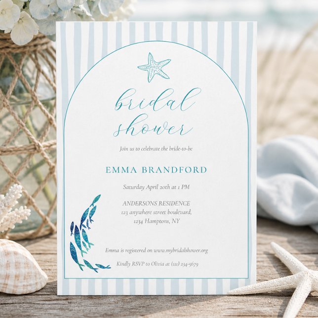 Invitación Estrella de mar costera Arco Azul Blanco Despedida (Coastal Starfish Arch Blue White Bridal Shower Invitation)