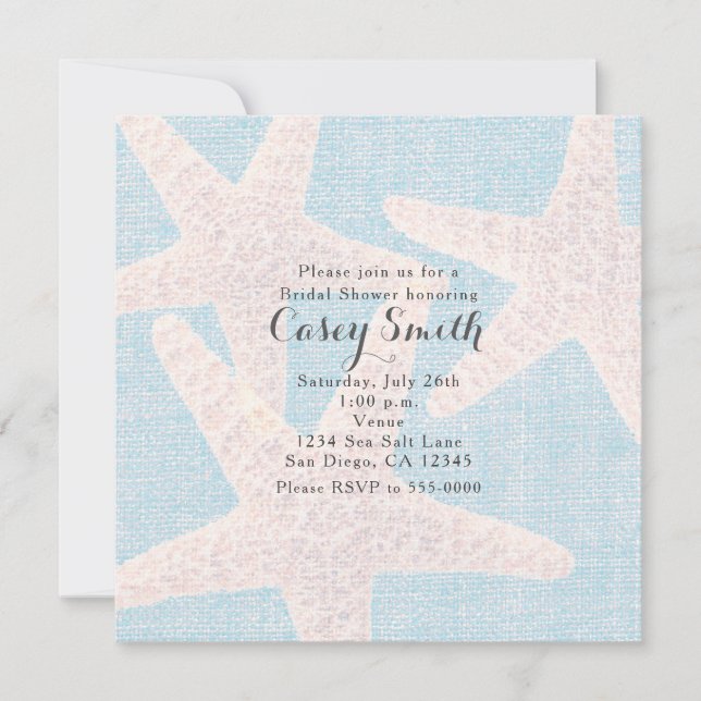 Invitación Estrella de Mar de Arpillera Azul de Playa Boda El (Anverso)