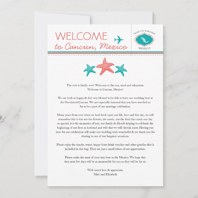 Invitación Estrella de mar de coral teal México Boda Bienveni (Anverso)