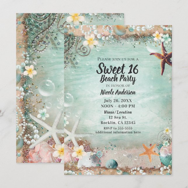 Invitación Estrella de Mar de Playa Elegante y Perlas Foto de (Anverso / Reverso)