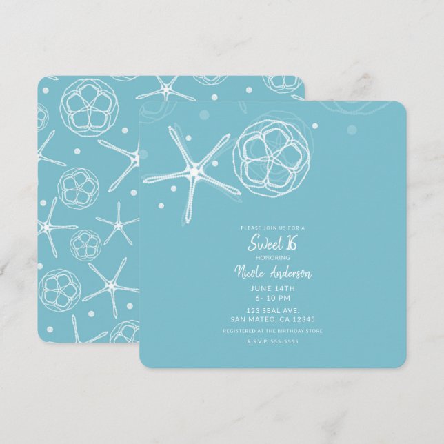Invitación Estrella de mar perla blanca Dulces 16 Dieciséis F (Anverso / Reverso)