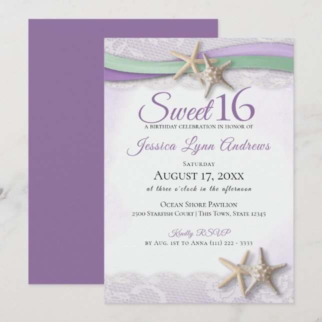 Invitación Estrella de mar y encaje Sweet 16 (Anverso / Reverso)