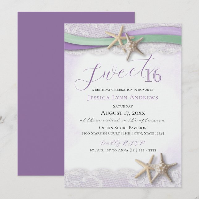 Invitación Estrella de mar y encaje Sweet 16 (Anverso / Reverso)