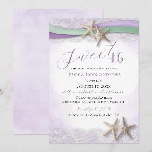 Invitación Estrella de mar y encaje Sweet 16 (Anverso / Reverso)