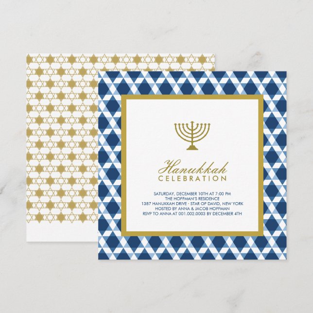 Invitación Estrella De Oro Azul Hanukkah De David Menorah Fie (Anverso / Reverso)