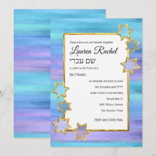 Invitación Estrella de oro Bat Mitzvah Estrellas turquesas pú