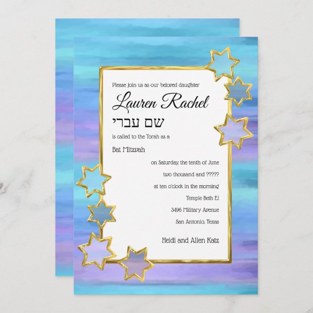 Invitación Estrella de oro Bat Mitzvah Estrellas turquesas pú (Anverso / Reverso)