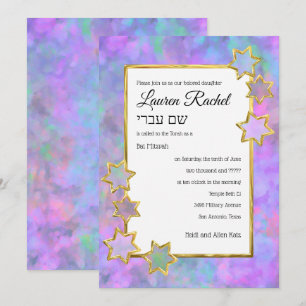 Invitación Estrella de Oro Bat Mitzvah Resumen Azul Púrpura