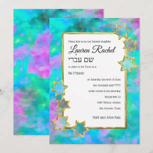 Invitación Estrella de Oro Bat Mitzvah Resumen Rosa Azul Verd