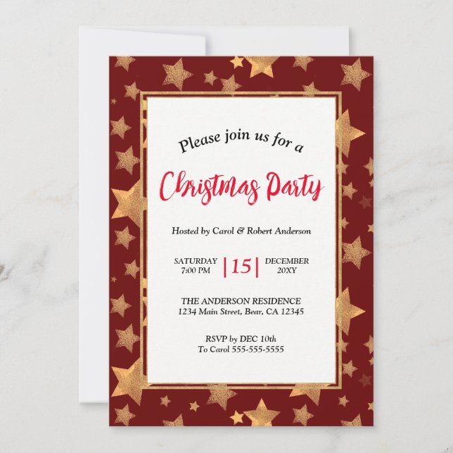 Invitación Estrella de Oro Rojo Elegante Fiesta de Navidad Vi (Anverso)