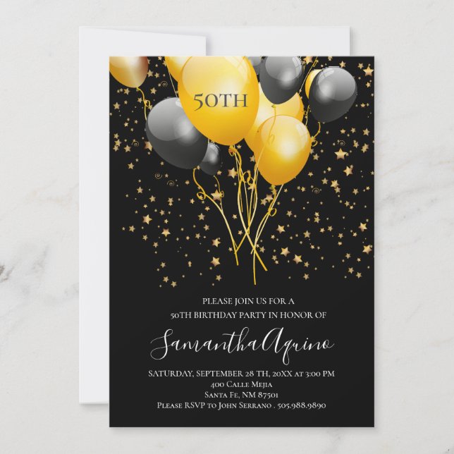 Invitación Estrella de oro y globos negros Confetti 50 cumple (Anverso)