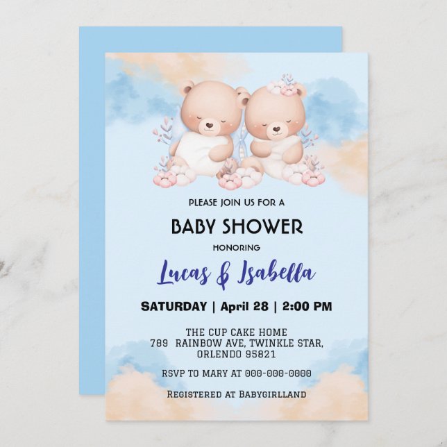 Invitación Estrella de oso gemelo lindo globo fiesta de ducha (Anverso / Reverso)