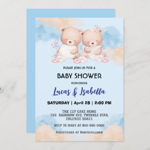 Invitación Estrella de oso gemelo lindo globo fiesta de ducha