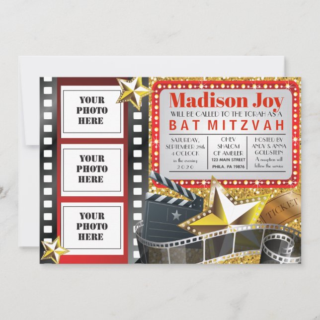 Invitación ESTRELLA DE PELÍCULA HOLLYWOOD FOTO Bat Mitzvah In (Anverso)