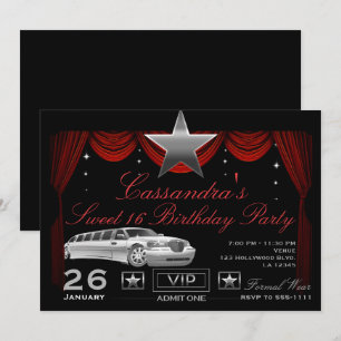 Invitación Estrella de Plata Limusina Roja Fiesta de Cumpleañ
