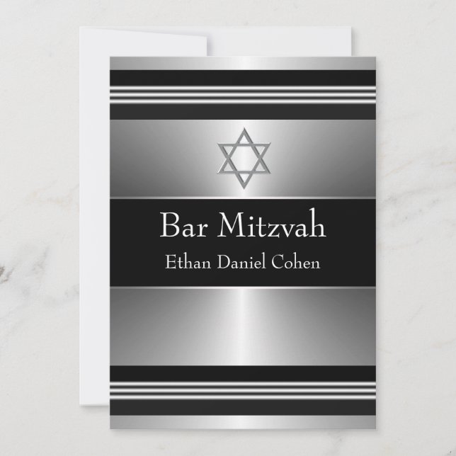 Invitación Estrella de plata negra de David Bar Mitzvah (Anverso)
