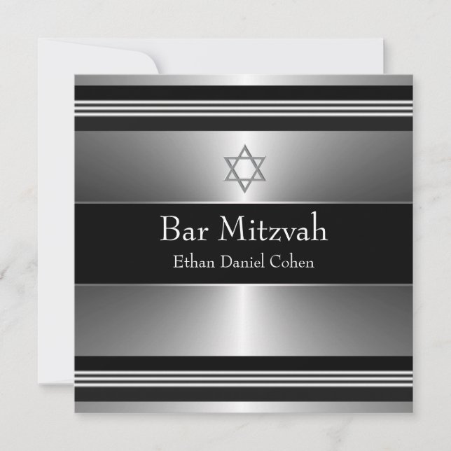 Invitación Estrella de plata negra de David Bar Mitzvah (Anverso)