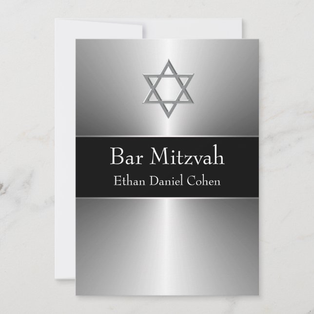Invitación Estrella de plata negra de David Bar Mitzvah (Anverso)