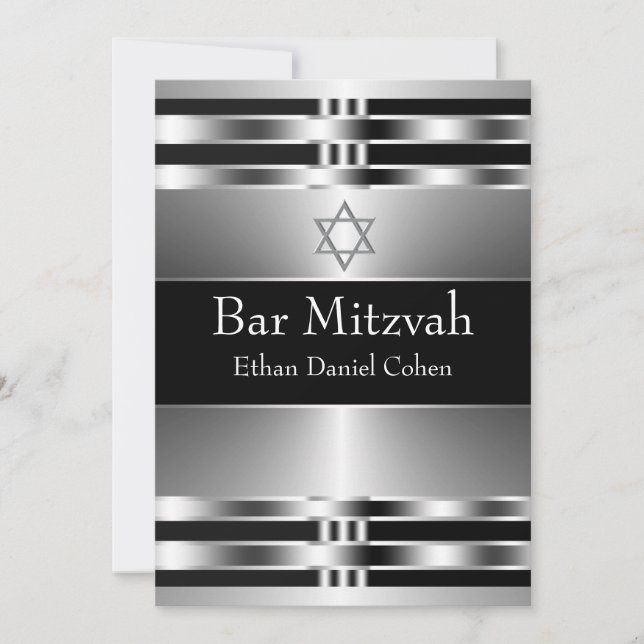 Invitación Estrella de plata negra de David Bar Mitzvah (Anverso)