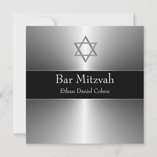 Invitación Estrella de plata negra de David Bar Mitzvah (Anverso)