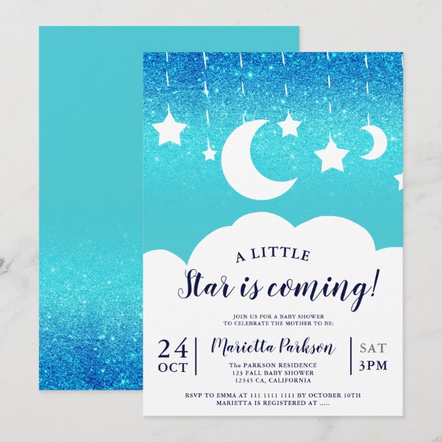 Invitación Estrella de purpurina azul nubes de luna (Anverso / Reverso)