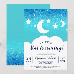 Invitación Estrella de purpurina azul nubes de luna
