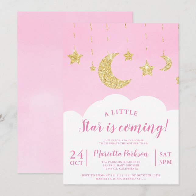 Invitación Estrella de purpurina de oro lindo luna nube de co (Anverso / Reverso)