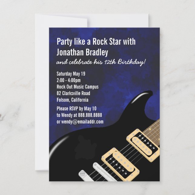 Invitación Estrella de rock de guitarra de música azul cumple (Anverso)