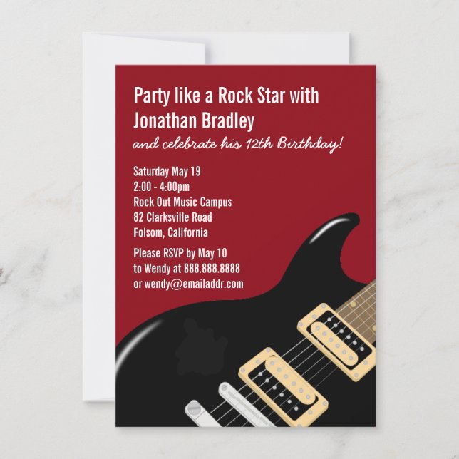 Invitación Estrella de rock de guitarra roja cumpleaños (Anverso)