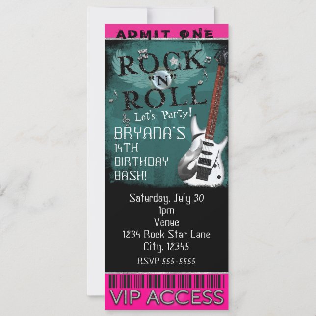 Invitación Estrella de Rock N Roll Glamour Cumpleaños Entrada (Anverso)
