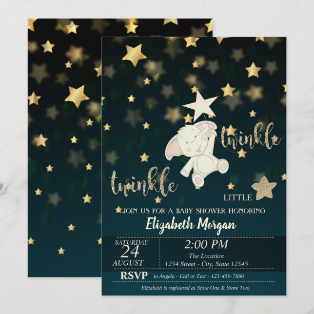 Invitación Estrella de Twinkle Black, Gold, Bear Baby Shower (Anverso / Reverso)