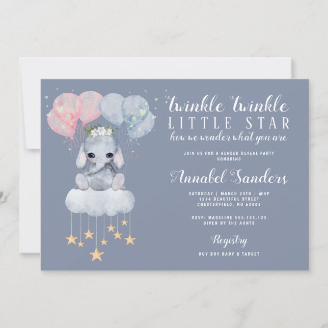 Invitación Estrella de Twinkle Género revela elefante bebé (Anverso)