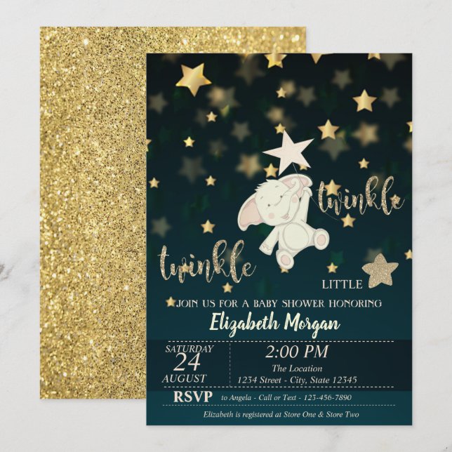 Invitación Estrella de Twinkle Negro, Purpurina de oro, Baby  (Anverso / Reverso)
