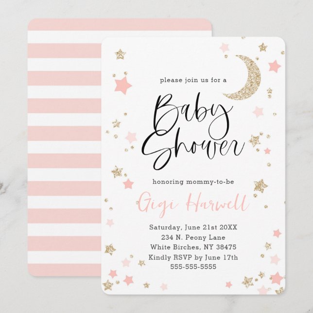 Invitación Estrella de Twinkle Purpurina Baby Shower rosa y d (Anverso / Reverso)