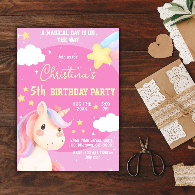 Invitación Estrella de unicornio moderna y rosa lindo 5 años (Subido por el creador)