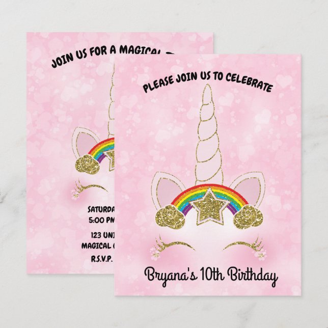 Invitación Estrella del Arcoiris Oro del Corazón Rosa Unicorn (Anverso / Reverso)