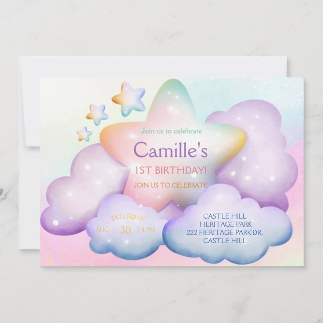 Invitación Estrella del arcoiris pastel y cumpleaños de nubes (Anverso)