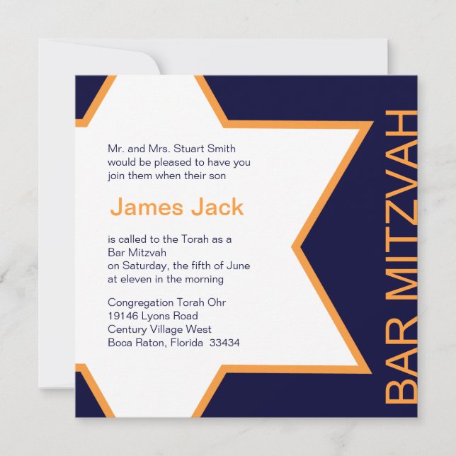 Invitación Estrella del naranja y del azul de Mitzvah de la (Anverso)