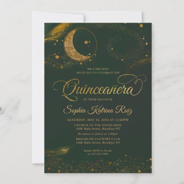 Invitación Estrella del Oro Verde Esmeralda Celeste Luna Quin (Anverso)