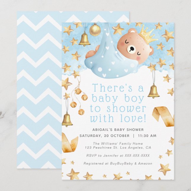 Invitación Estrella dorada Azul Teddy Bear Prince - Boy Baby  (Anverso / Reverso)