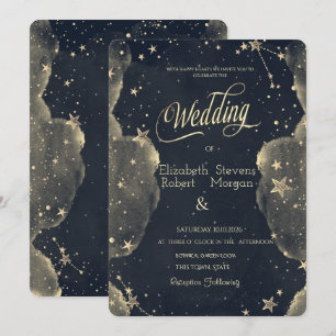 Invitación Estrella Dorada Celestial Sol Y Luna Nubes Boda